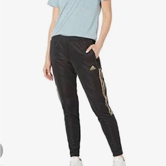 Adidas Trio, black leggings with triple grey stripes. - Picture 1 of 5